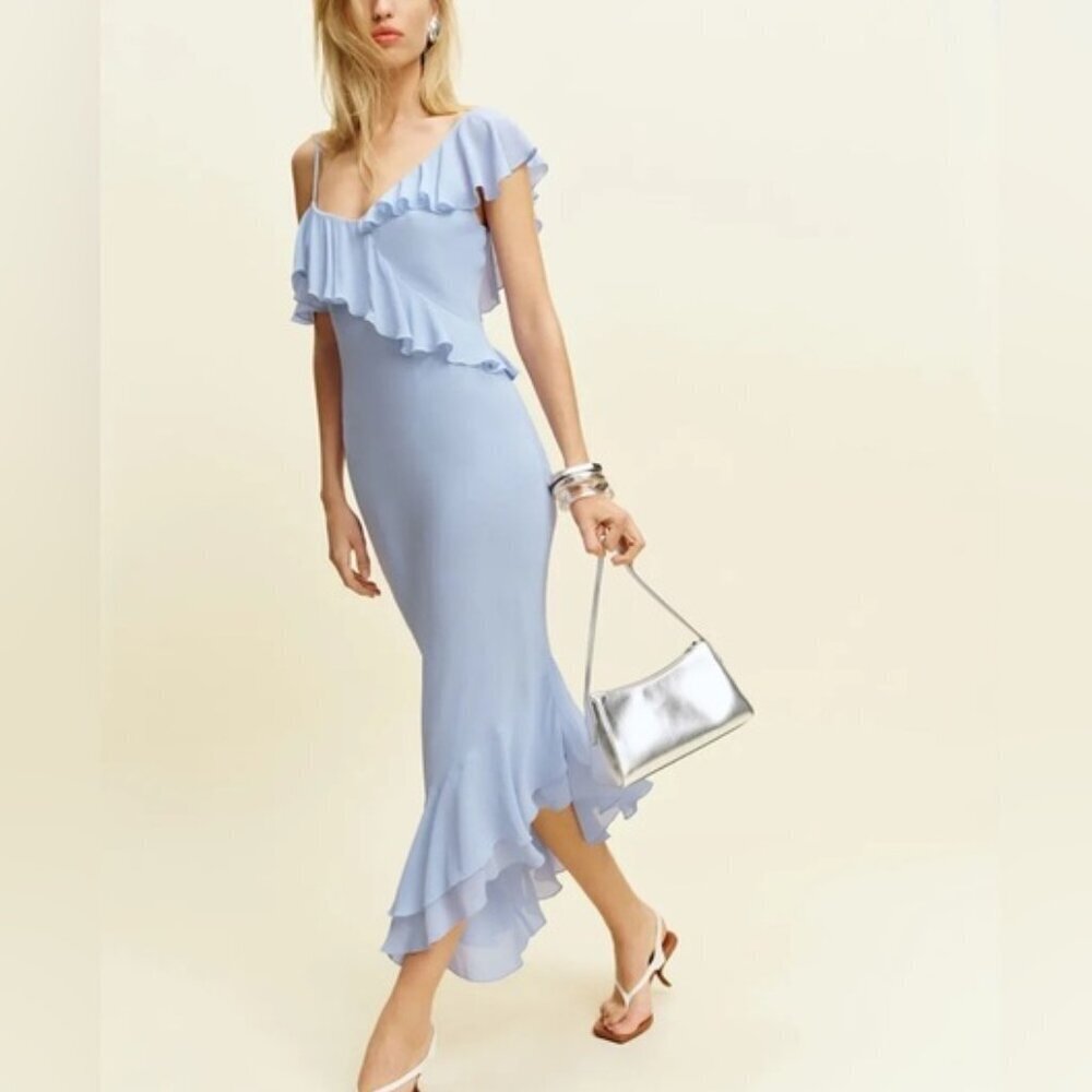 NEW Reformation Martine Midi Asymmetric Dress Ice Water Light Blue | size XS
